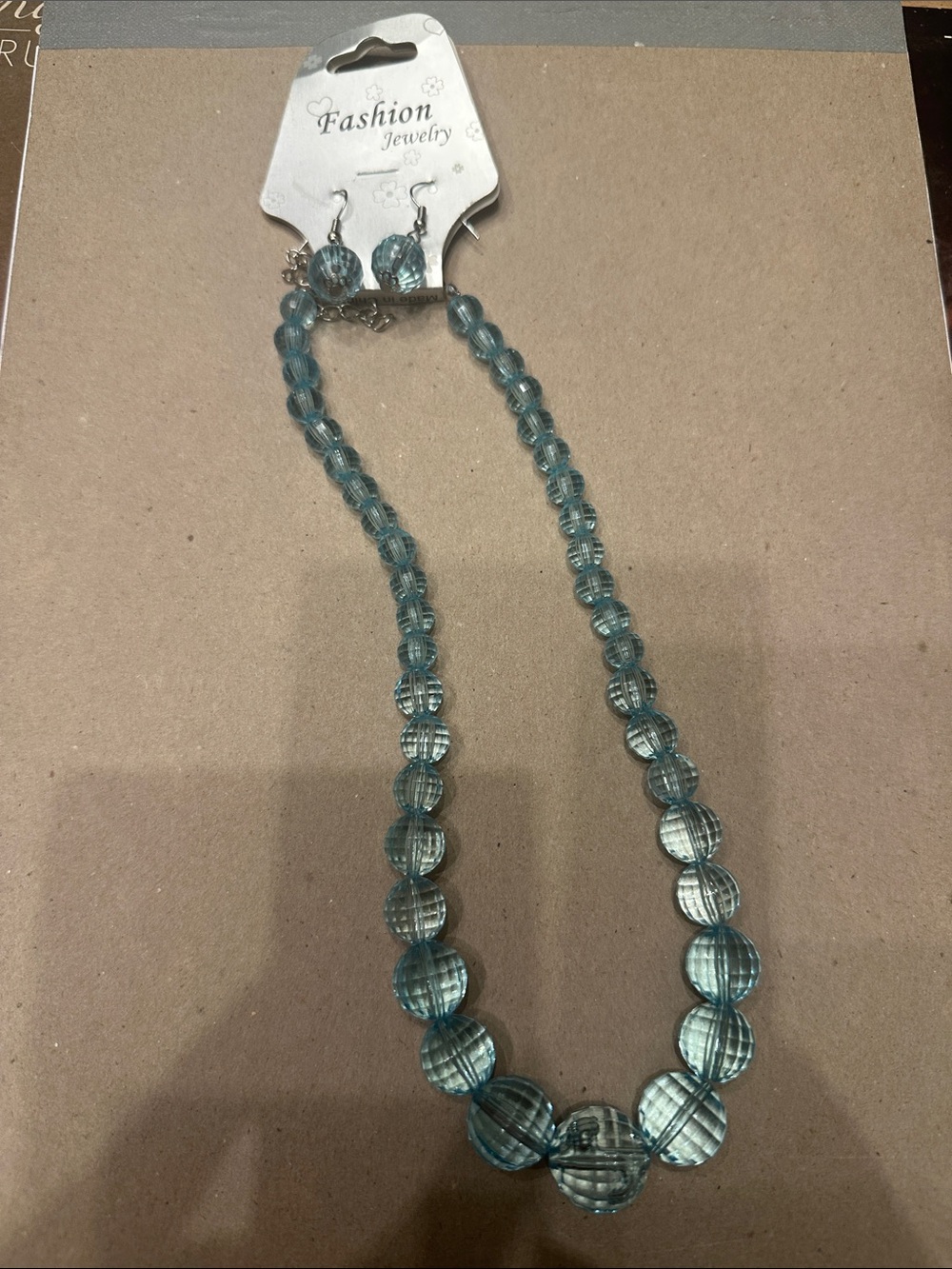 Vintage Fashion Jewelry Aqua Blue Graduated Bead Necklace with Matching Earrings